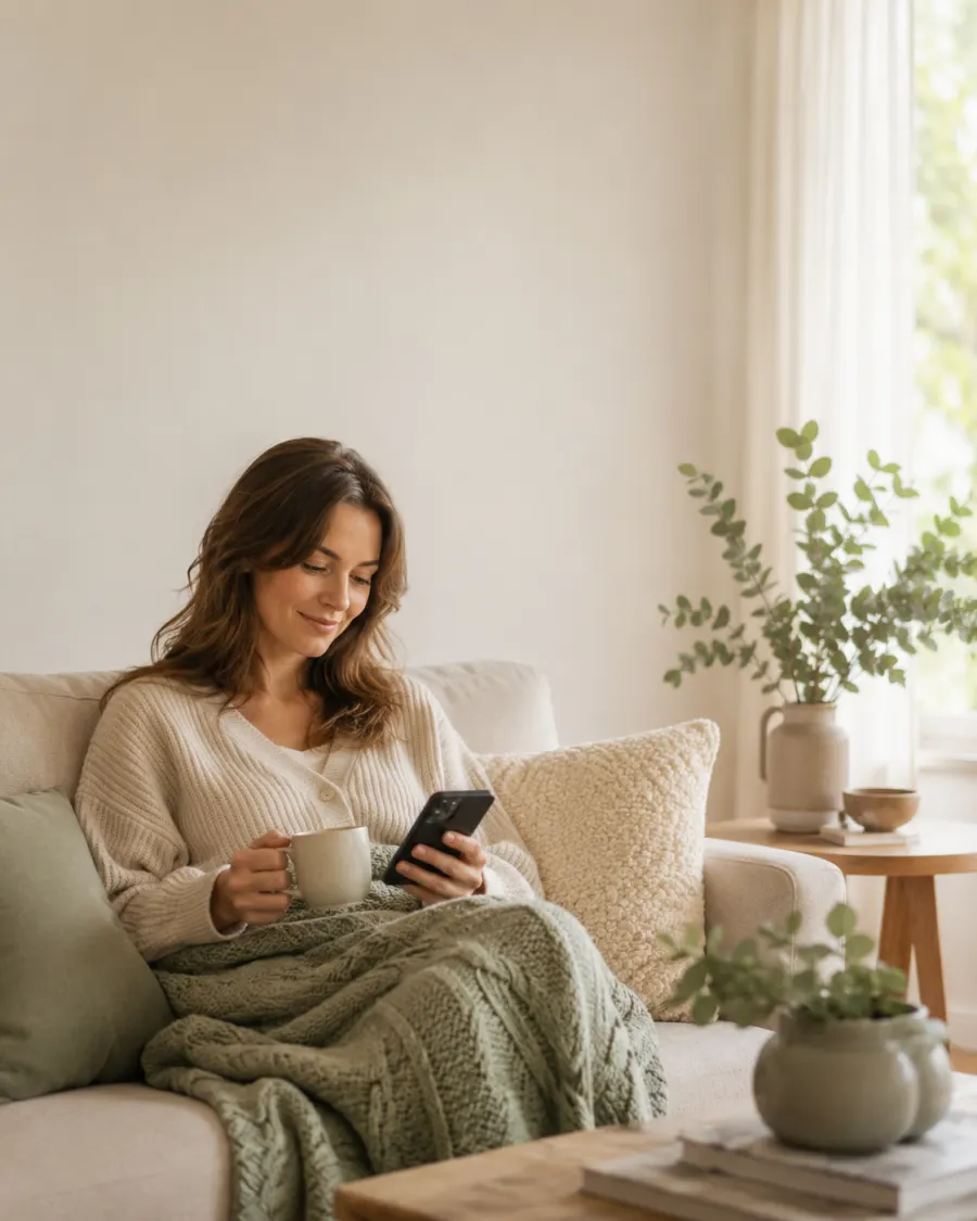 A woman relaxing on a sofa at home, checking an alert on her phone