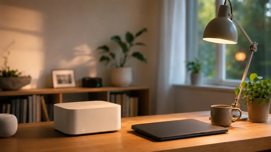 A small home server on a wooden desk beside a laptop and a warm desk lamp