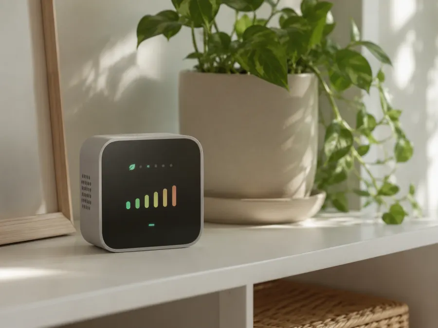A smart sensor display showing live air readings next to a house plant