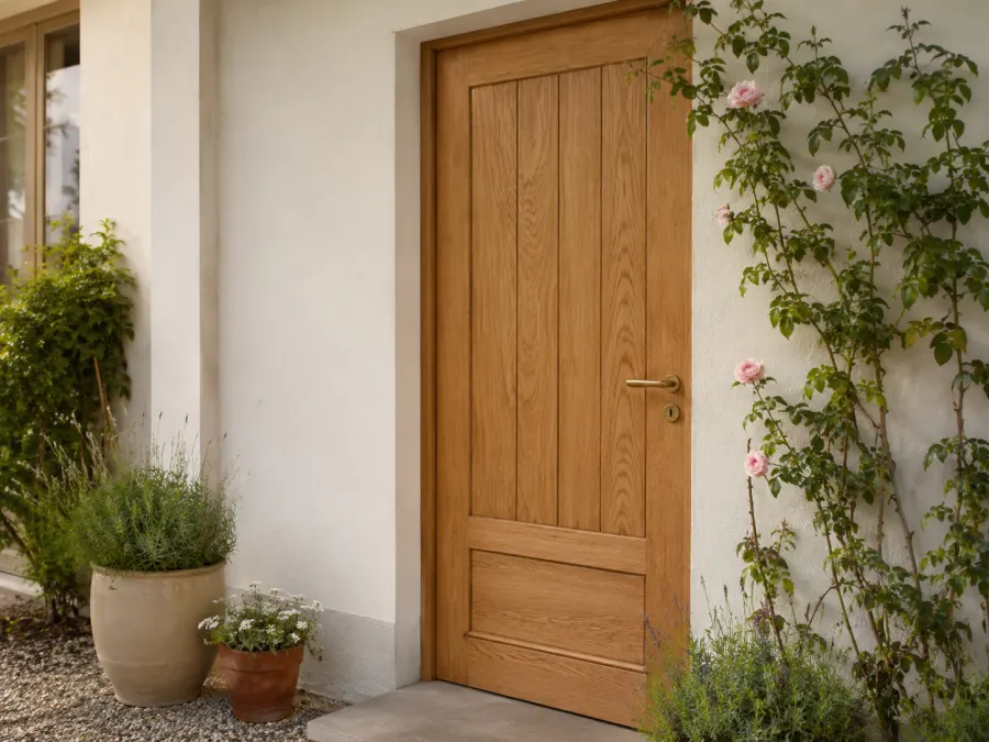 A wooden front door with climbing roses beside it