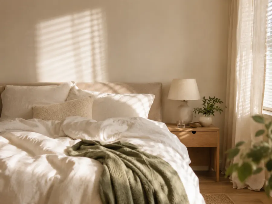 Morning sun falling across a softly made bed with a nightstand lamp