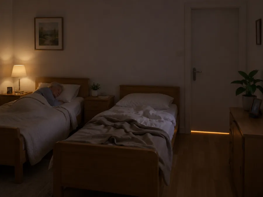 A dimly lit care-home room at night: one resident asleep, the neighbouring bed empty with the covers turned back.
