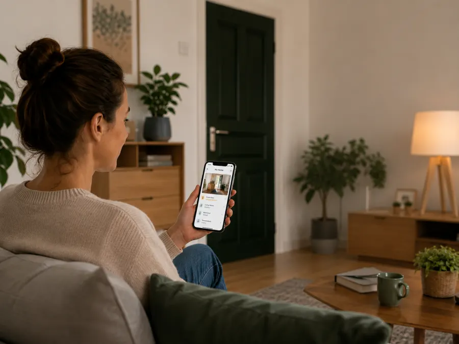 A woman on her sofa checking her home status on her phone, the front door in view.