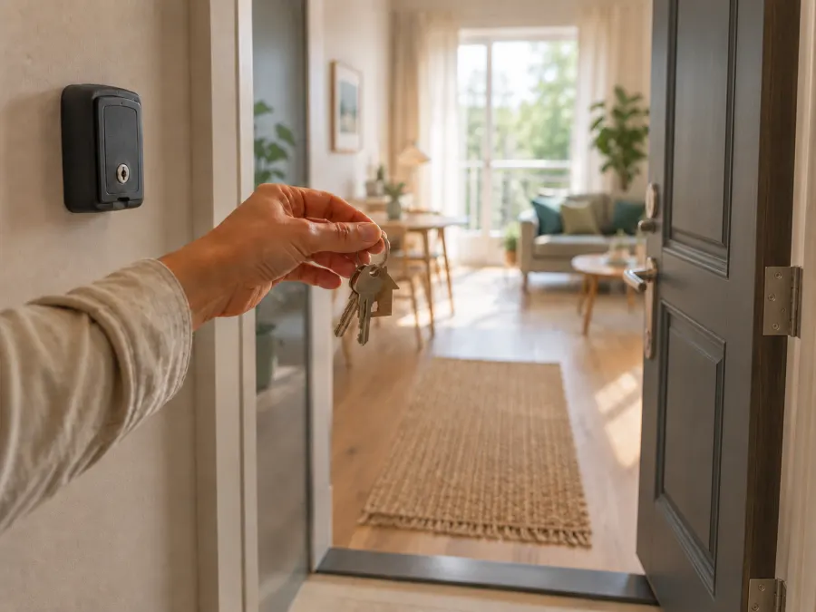 A hand holding house keys in front of an apartment door.